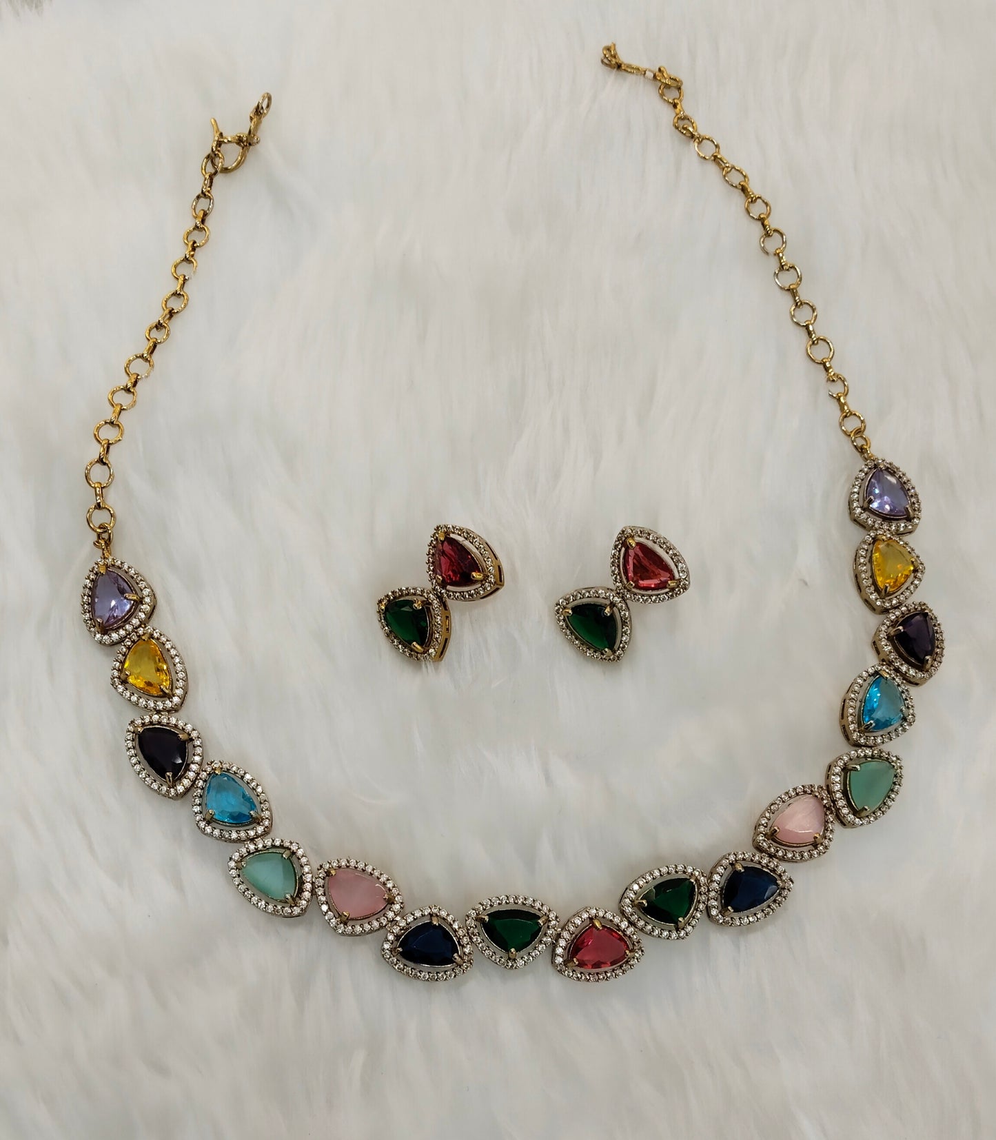 Multi Color Antique Gold CZ Necklace Jewellery Hero Set