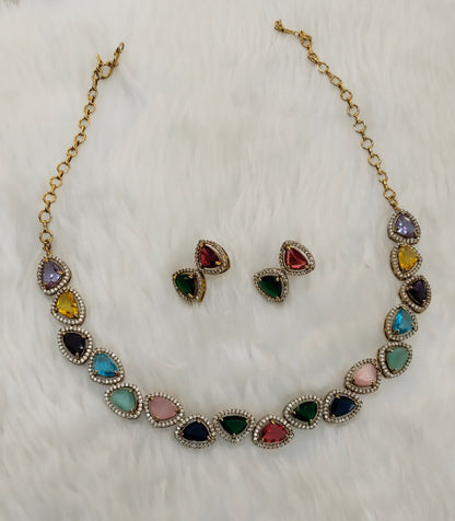 Multi Color Antique Gold CZ Necklace Jewellery Hero Set