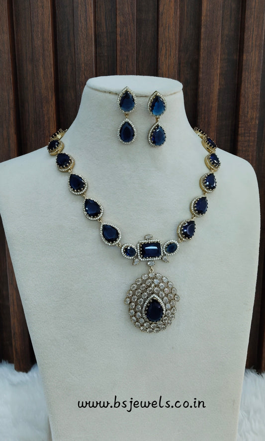 Blue Antique Gold CZ Necklace Jewellery Bajaj Set