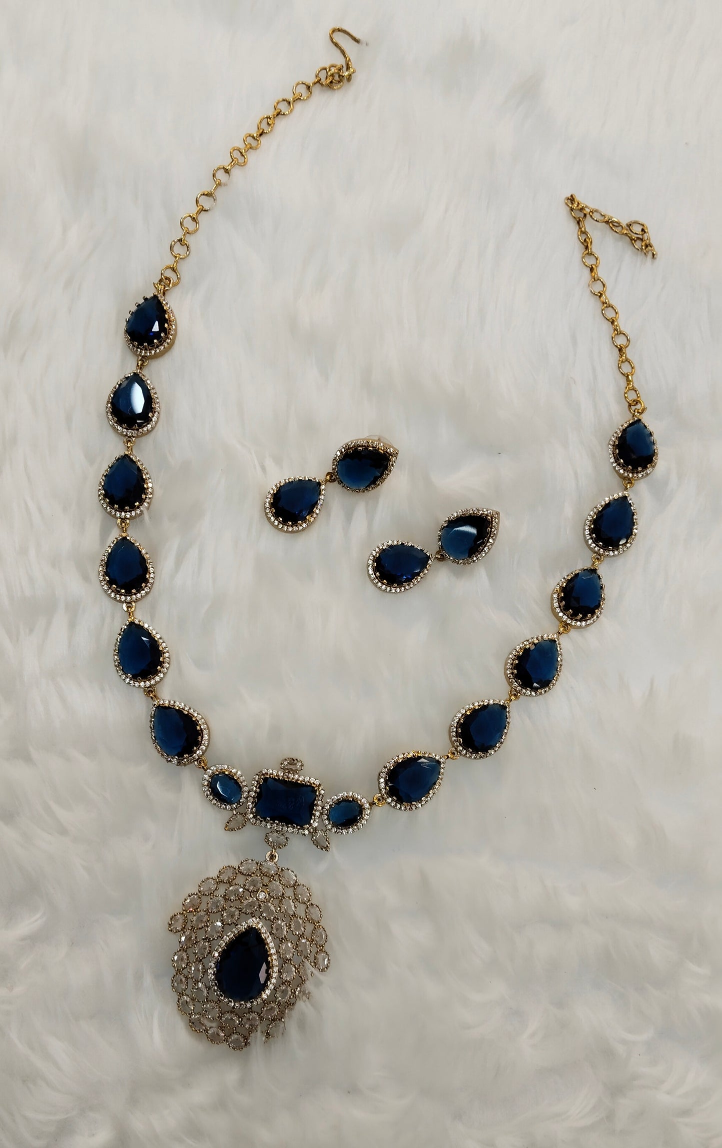 Blue Antique Gold CZ Necklace Jewellery Bajaj Set
