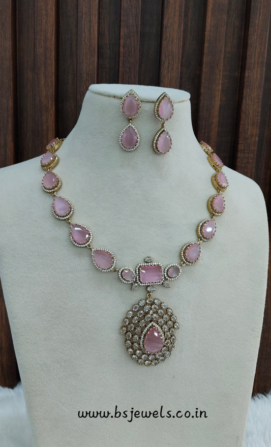 Pink Antique Gold CZ Necklace Jewellery Bajaj Set