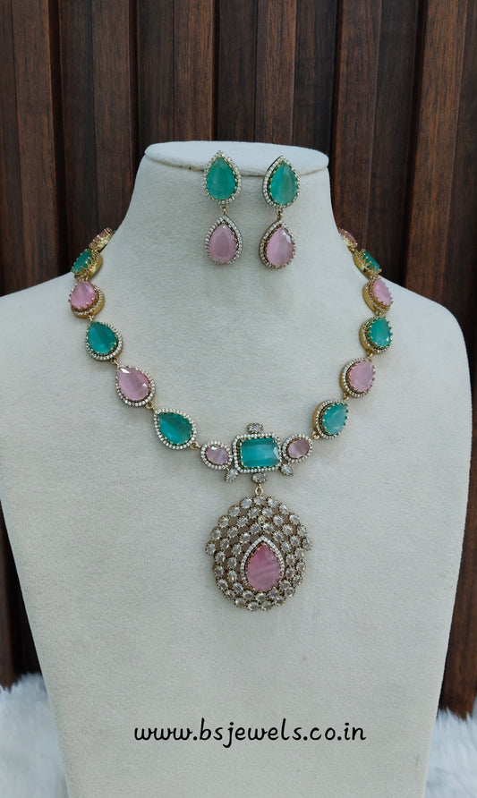 Mint Pink Antique Gold CZ Necklace Jewellery Bajaj Set