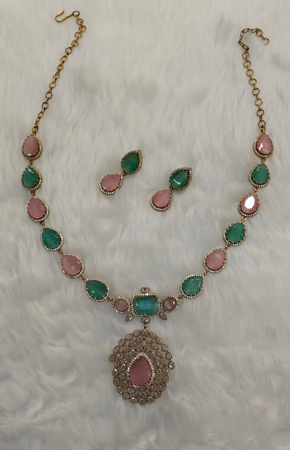 Mint Pink Antique Gold CZ Necklace Jewellery Bajaj Set