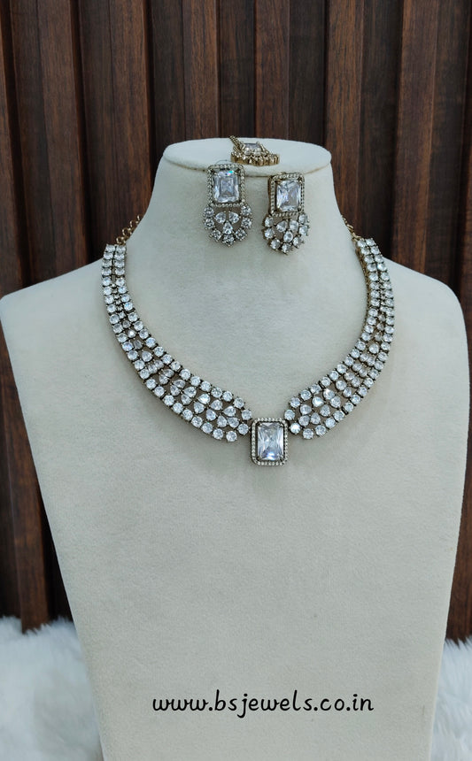 White Antique Gold CZ Necklace Jewellery Tvs Set
