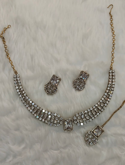 White Antique Gold CZ Necklace Jewellery Tvs Set