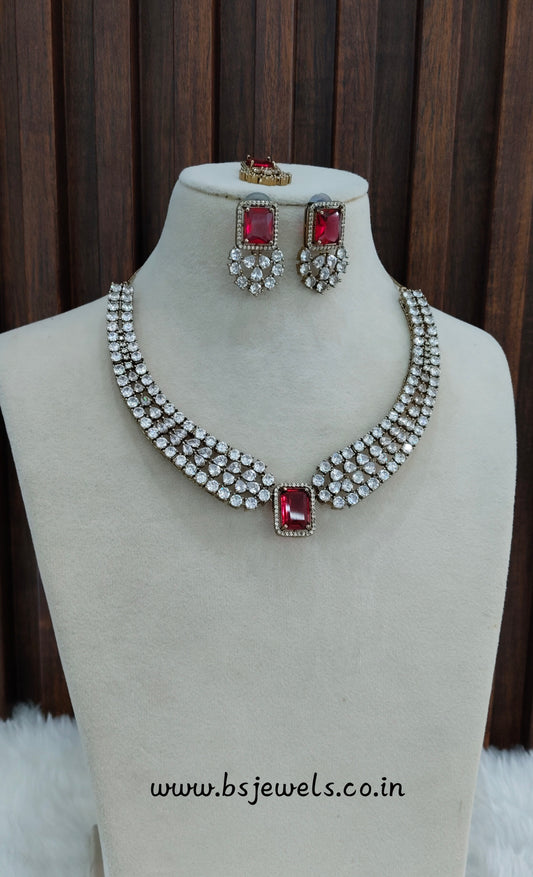 Ruby Antique Gold CZ Necklace Jewellery Tvs Set