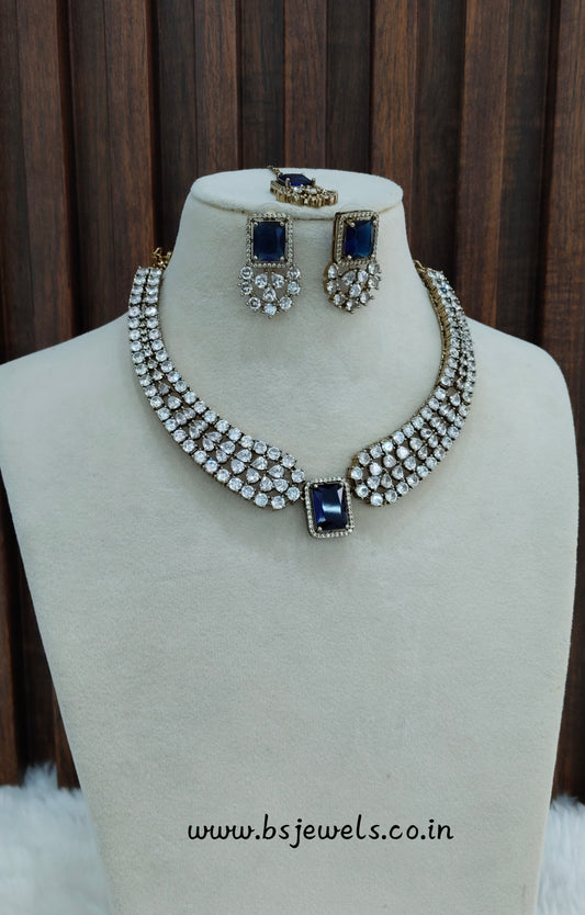 Blue Antique Gold CZ Necklace Jewellery Tvs Set