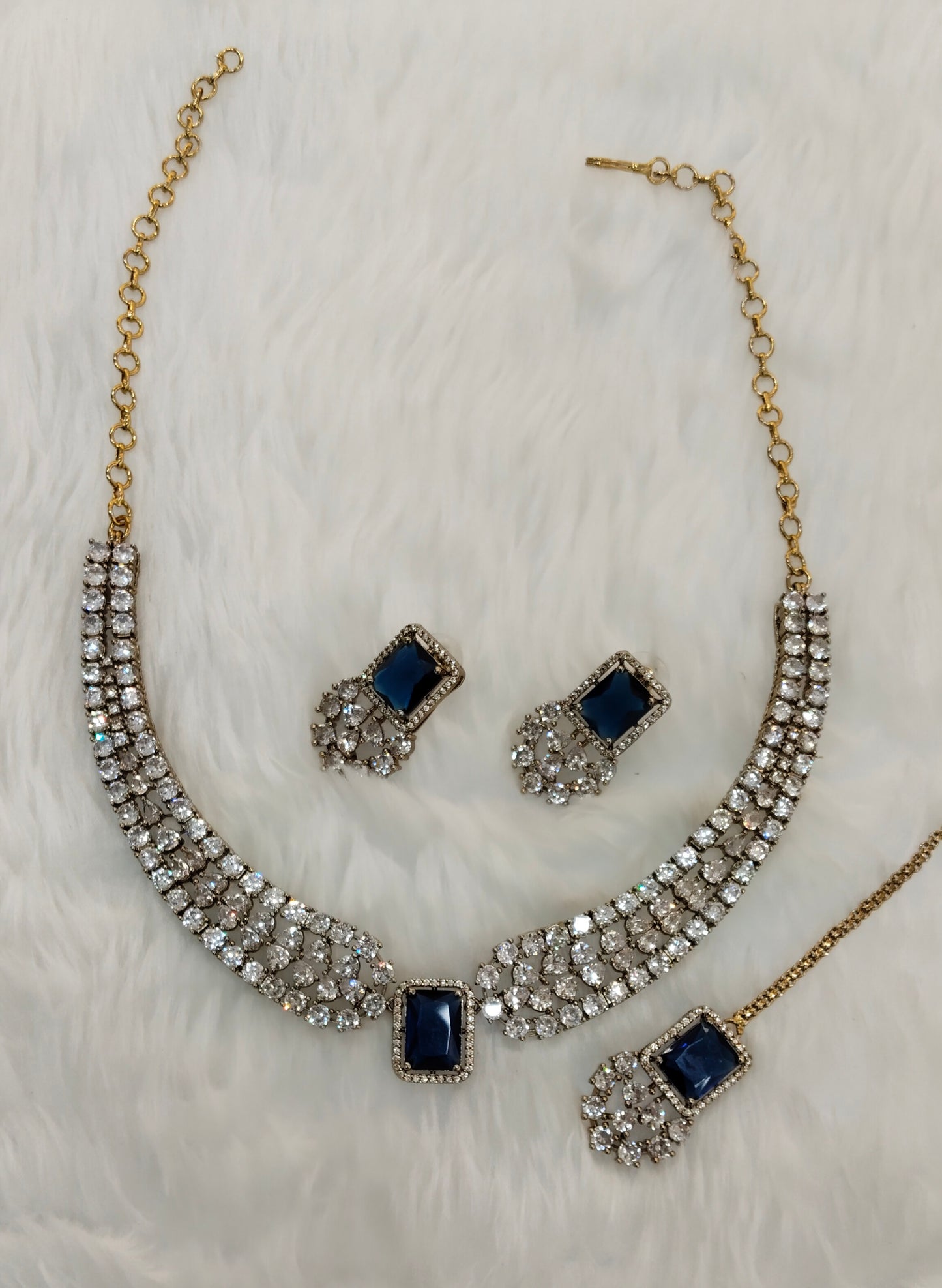 Blue Antique Gold CZ Necklace Jewellery Tvs Set