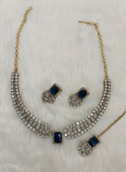 Blue Antique Gold CZ Necklace Jewellery Tvs Set