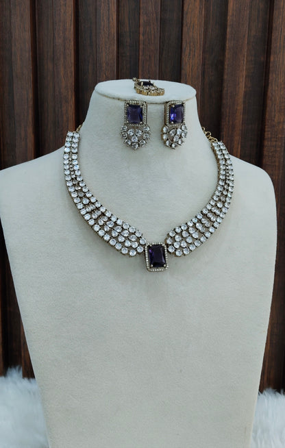 Purple Antique Gold CZ Necklace Jewellery Tvs Set