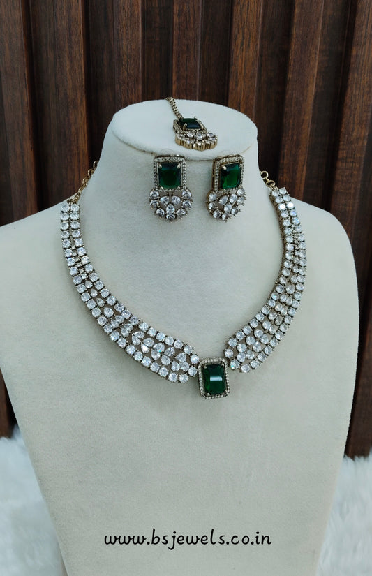 Green Antique Gold CZ Necklace Jewellery Tvs Set