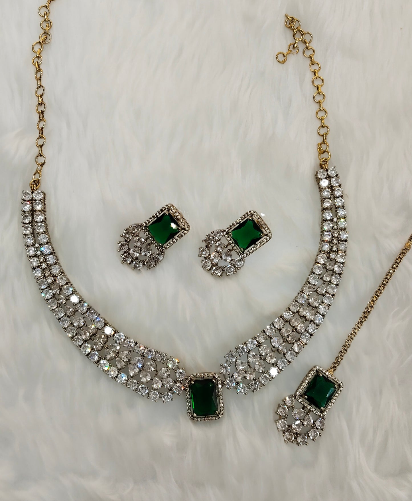 Green Antique Gold CZ Necklace Jewellery Tvs Set