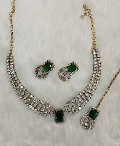 Green Antique Gold CZ Necklace Jewellery Tvs Set