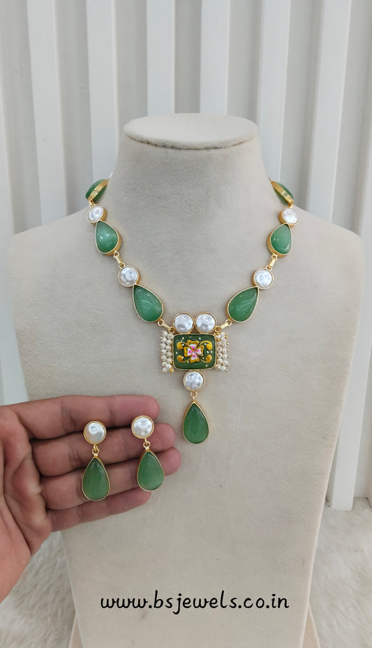 Mint Mother Of Pearl Stone Necklace Jewellery Mahindra Set