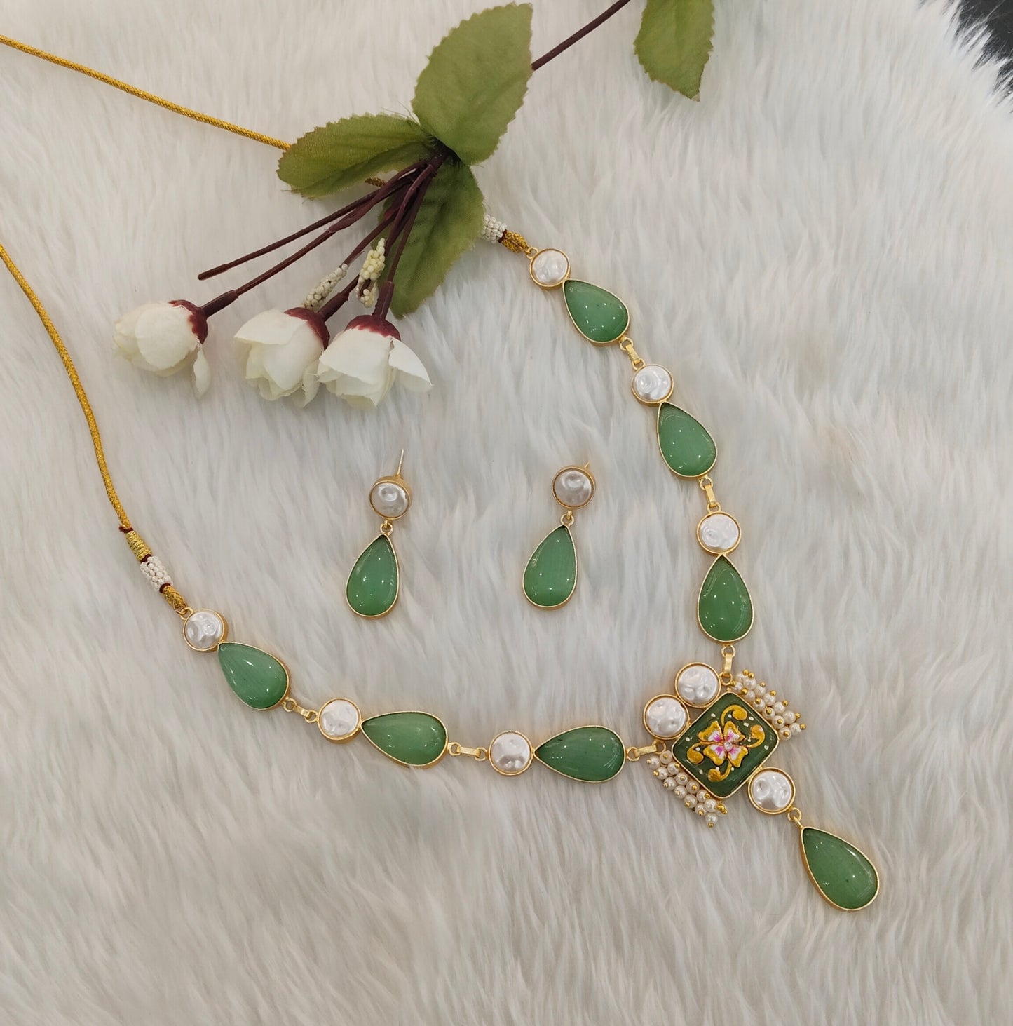 Mint Mother Of Pearl Stone Necklace Jewellery Mahindra Set