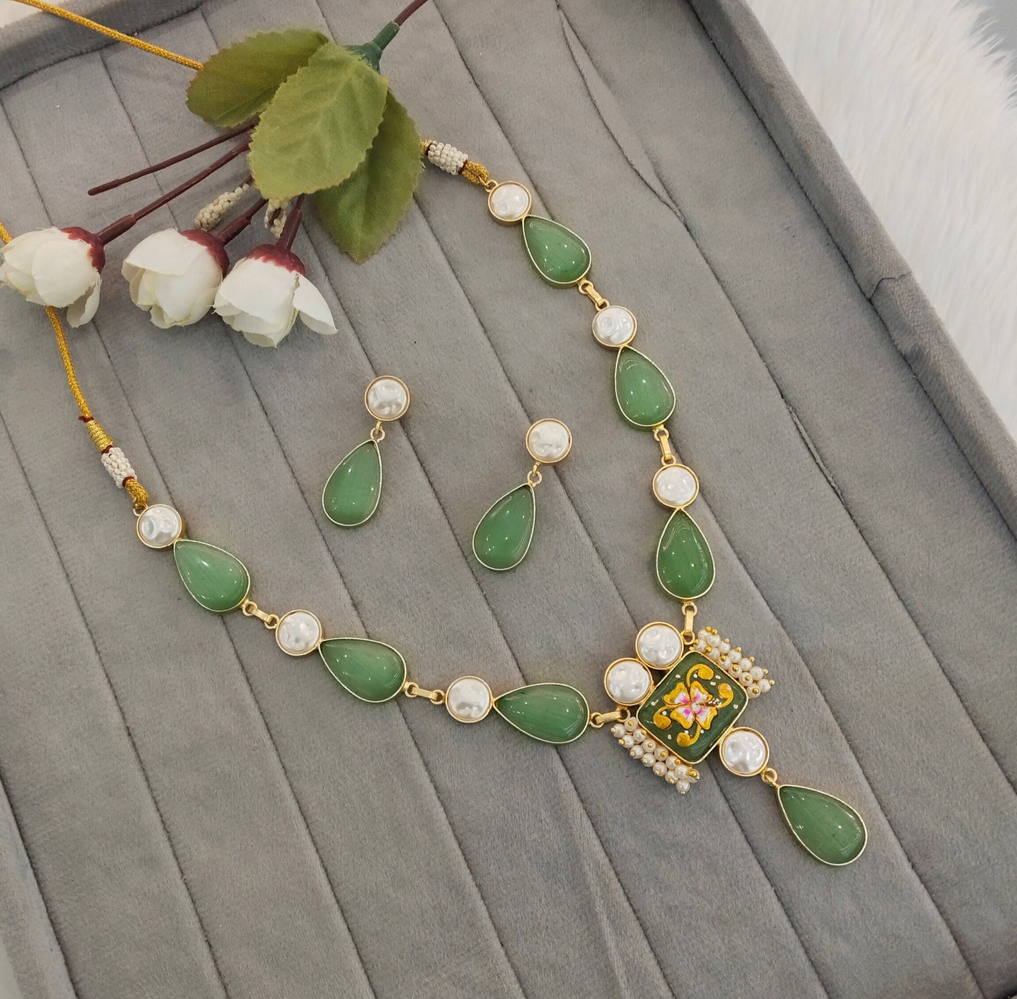 Mint Mother Of Pearl Stone Necklace Jewellery Mahindra Set