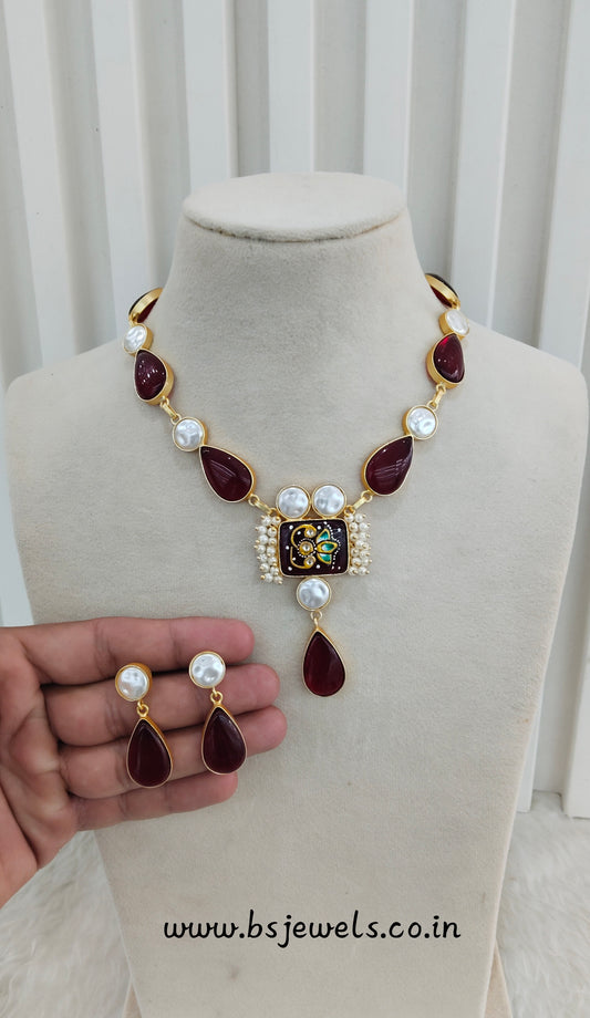 Maroon Mother Of Pearl Stone Necklace Jewellery Mahindra Set