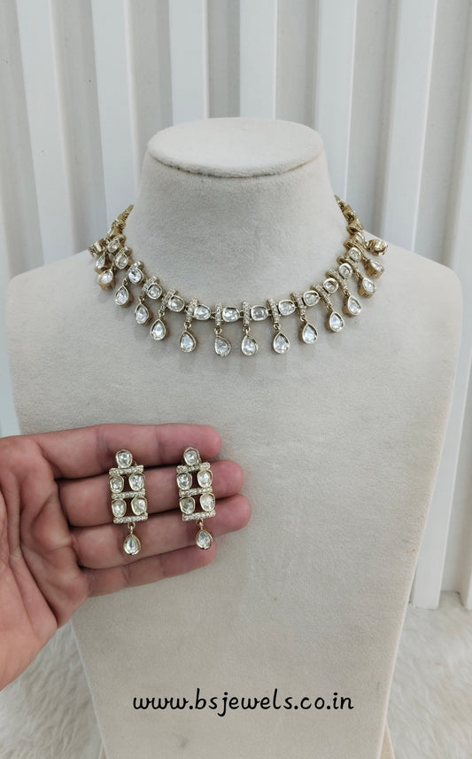 Gold Moissanite Kundan Necklace Jewellery Delux Set