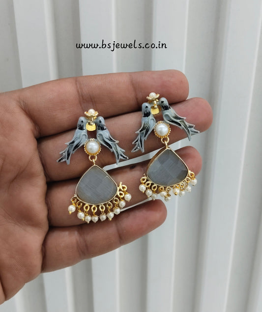 Grey Mother Of Pearl Bollywood Brass Earrings