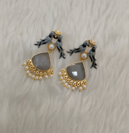 Grey Mother Of Pearl Bollywood Brass Earrings