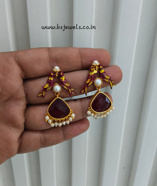 Maroon Mother Of Pearl Bollywood Brass Earrings
