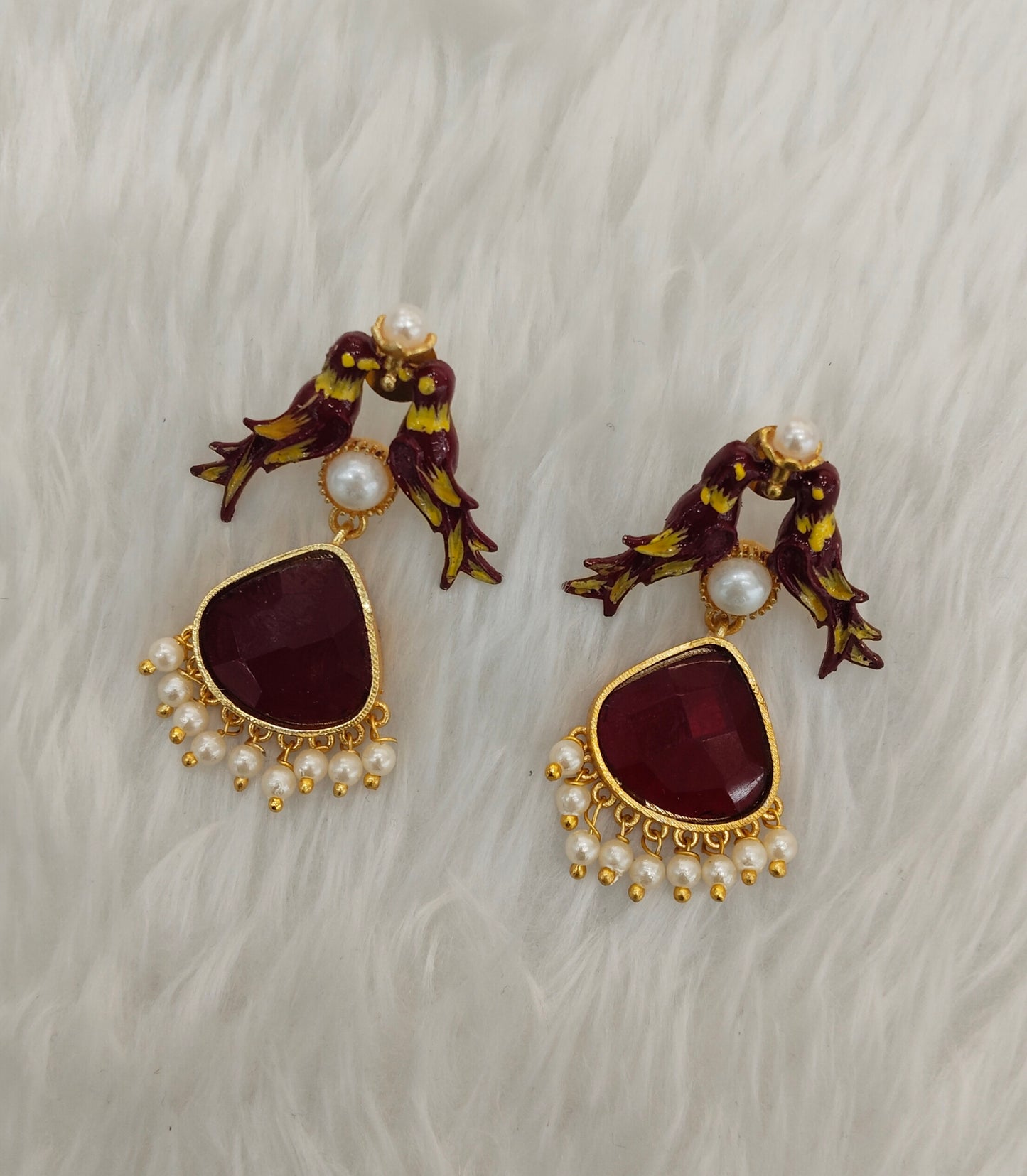 Maroon Mother Of Pearl Bollywood Brass Earrings