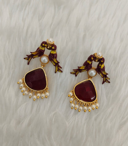 Maroon Mother Of Pearl Bollywood Brass Earrings