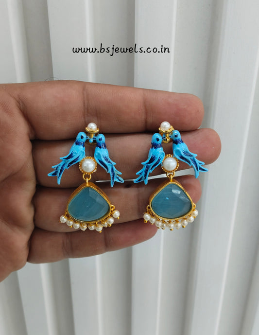 Sky Blue Mother Of Pearl Bollywood Brass Earrings