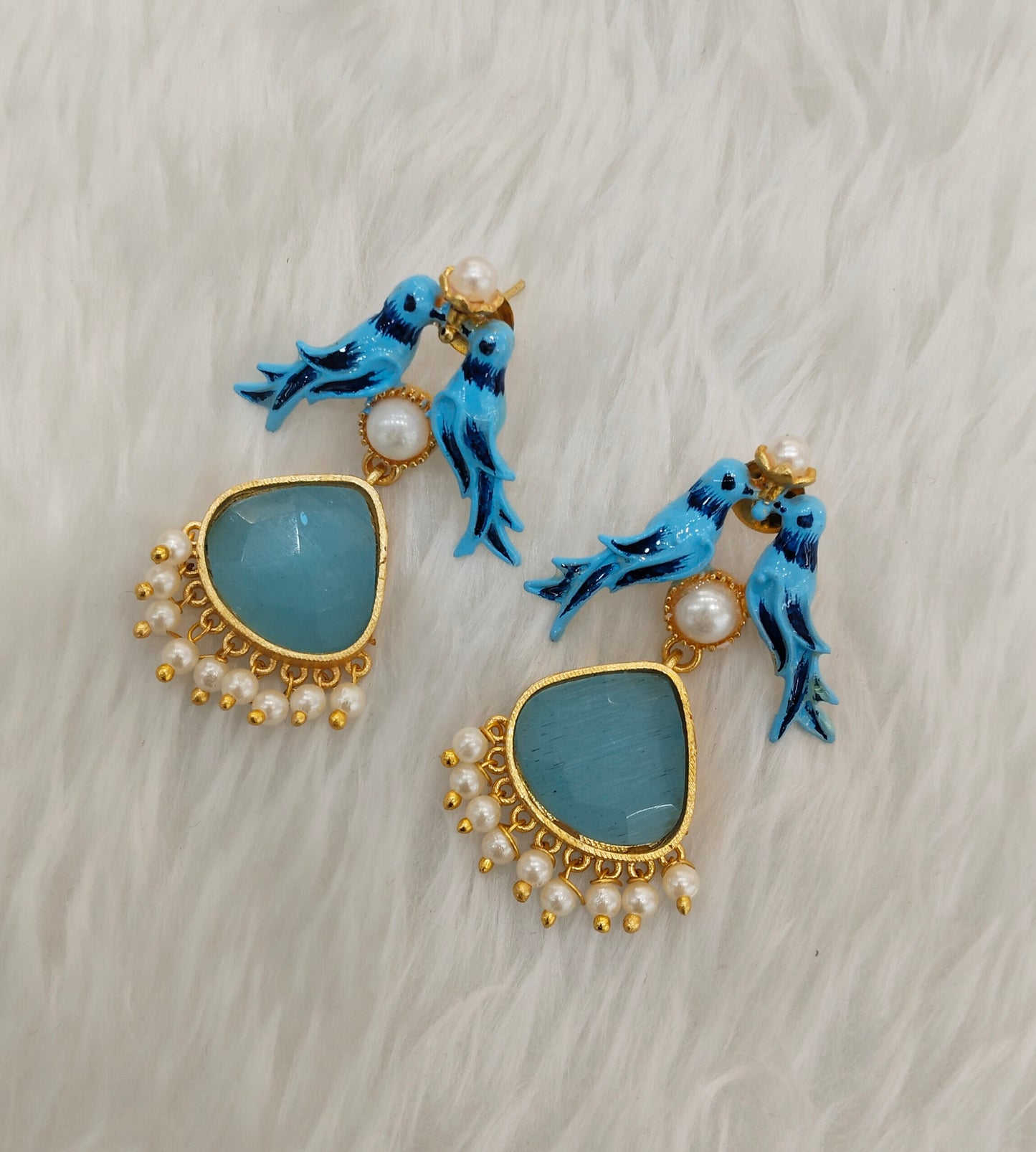 Sky Blue Mother Of Pearl Bollywood Brass Earrings