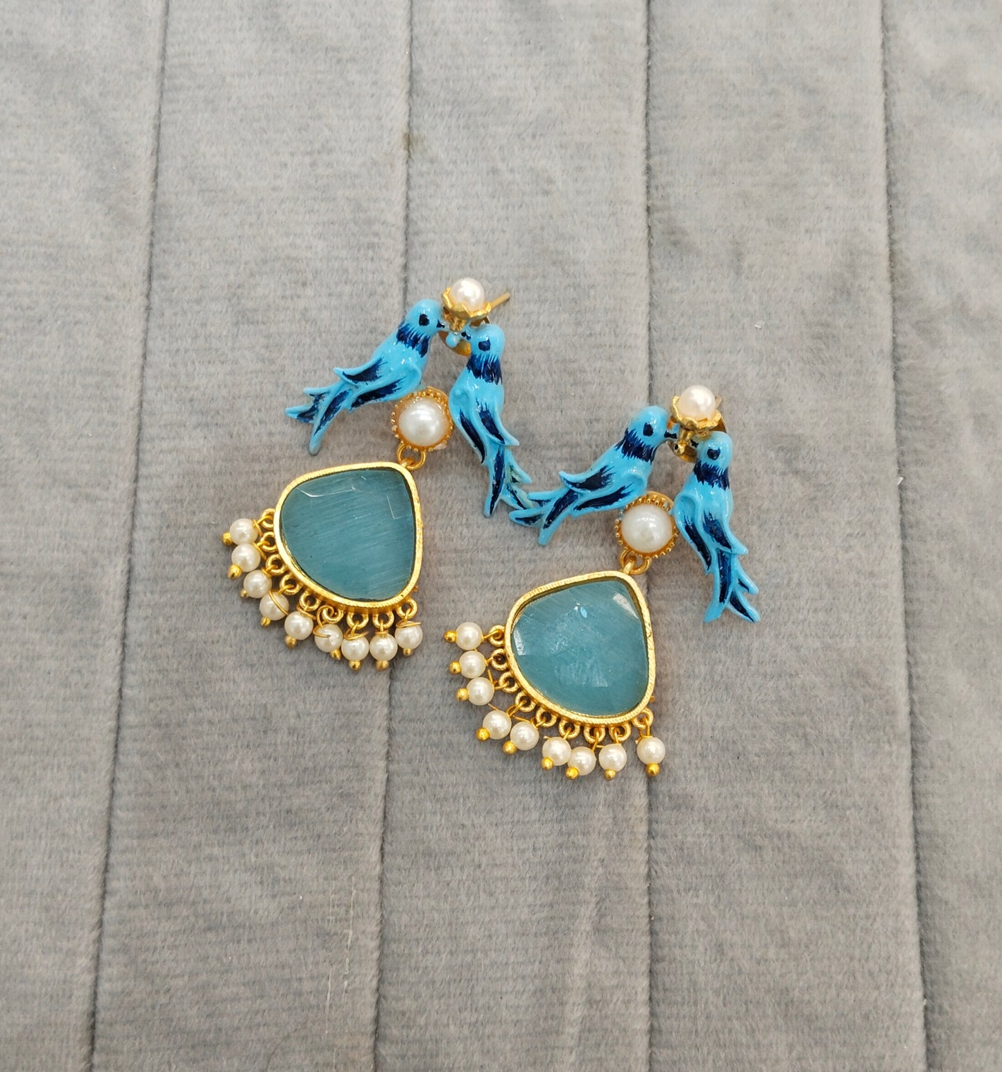 Sky Blue Mother Of Pearl Bollywood Brass Earrings