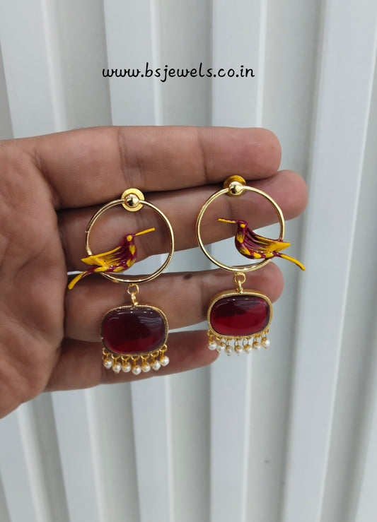 Maroon Mother Of Pearl Bollywood Brass Earrings