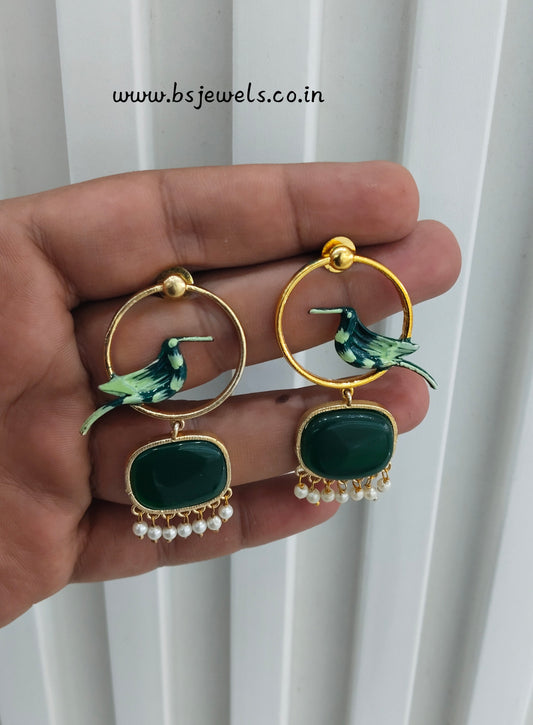 Green Mother Of Pearl Bollywood Brass Earrings
