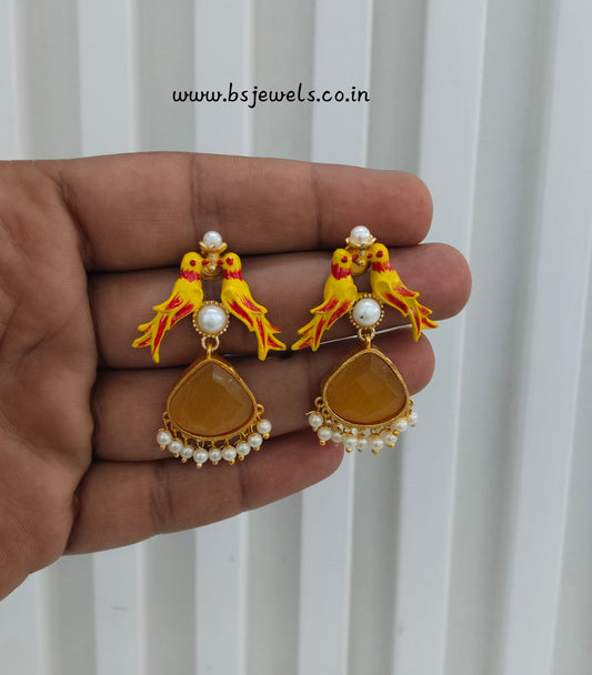 Yellow Mother Of Pearl Bollywood Brass Earrings