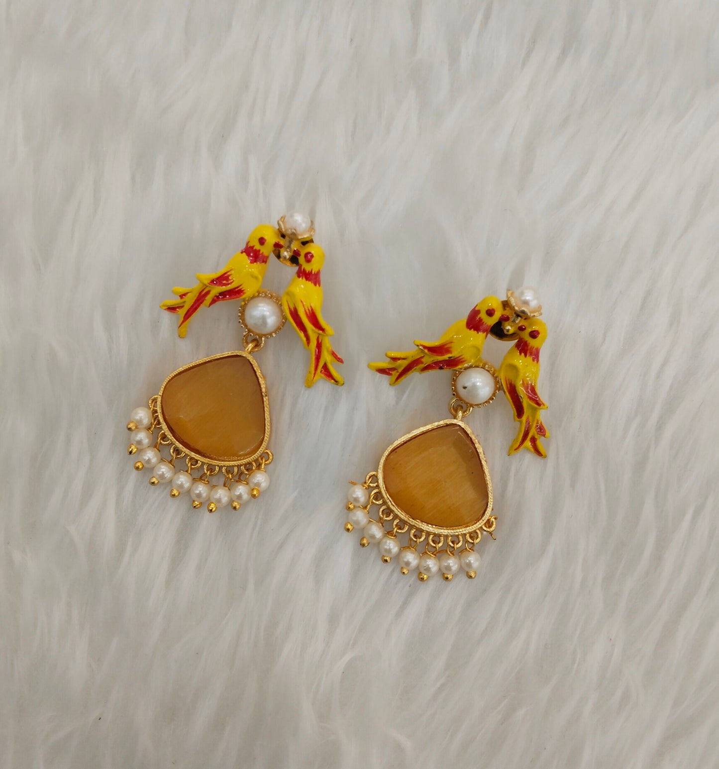 Yellow Mother Of Pearl Bollywood Brass Earrings