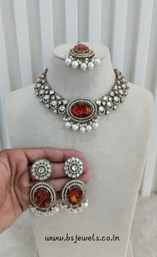 Maroon Antique Gold Kundan Necklace Jewellery Wanted Set