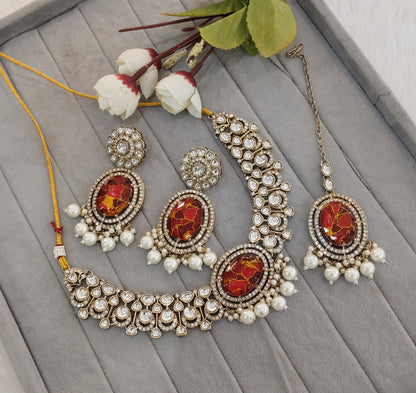 Maroon Antique Gold Kundan Necklace Jewellery Wanted Set