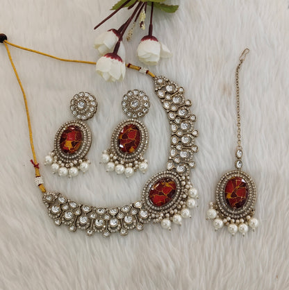Maroon Antique Gold Kundan Necklace Jewellery Wanted Set