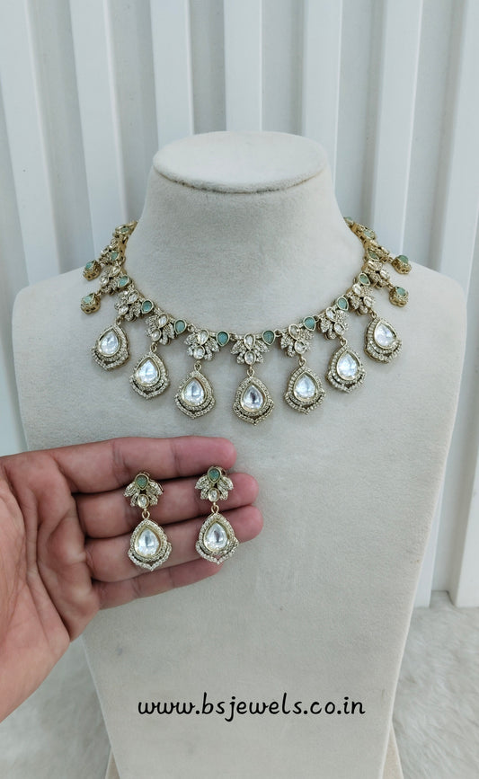 Sea Green Gold Moissanite Kundan Necklace Jewellery Szunki Set