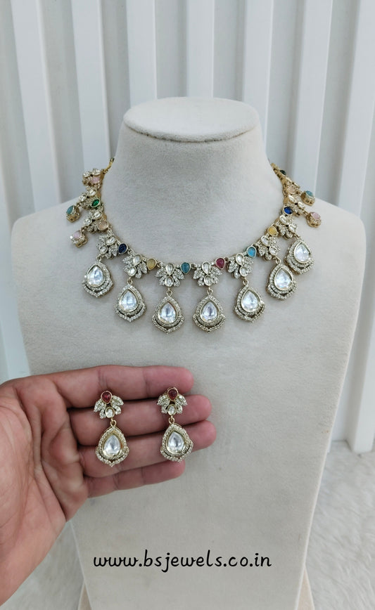 Multi Color Gold Moissanite Kundan Necklace Jewellery Szunki Set