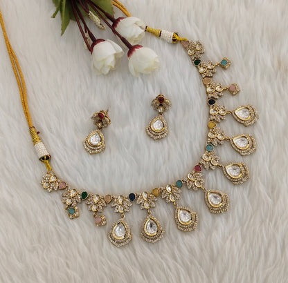 Multi Color Gold Moissanite Kundan Necklace Jewellery Szunki Set