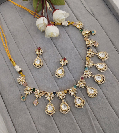 Multi Color Gold Moissanite Kundan Necklace Jewellery Szunki Set