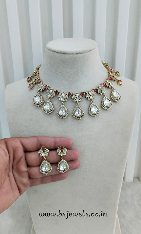 Ruby Gold Moissanite Kundan Necklace Jewellery Szunki Set