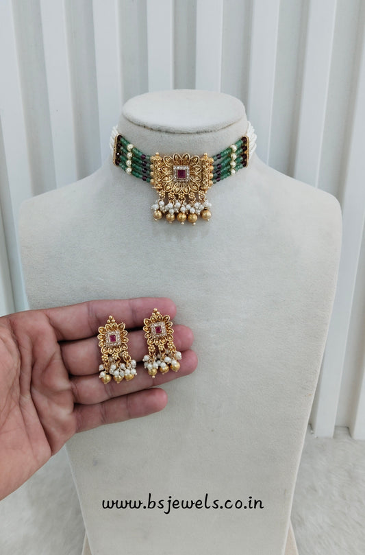 Ruby Sage Green Gold Polki Choker Jewellery Udham Set