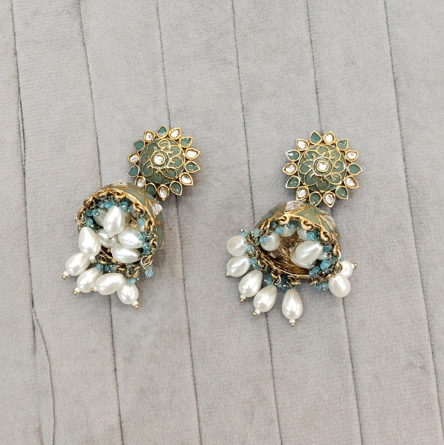 Sea Green Antique Gold Stud Bollywood Shota Earrings