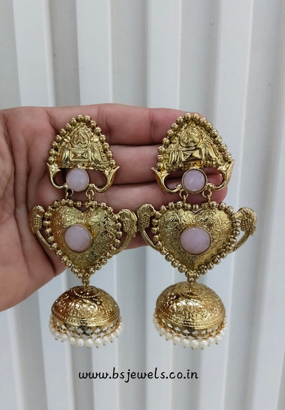 Pink Antique Gold Bollywood Sidhu Earrings