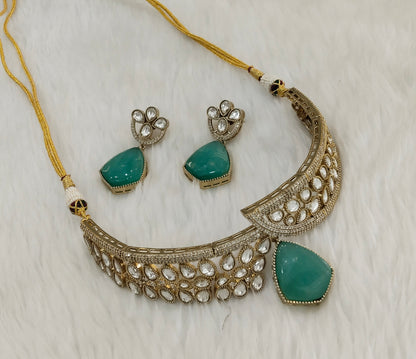 Sage Green Gold Moissanite Kundan Choker Jewellery Dhaliwal Set