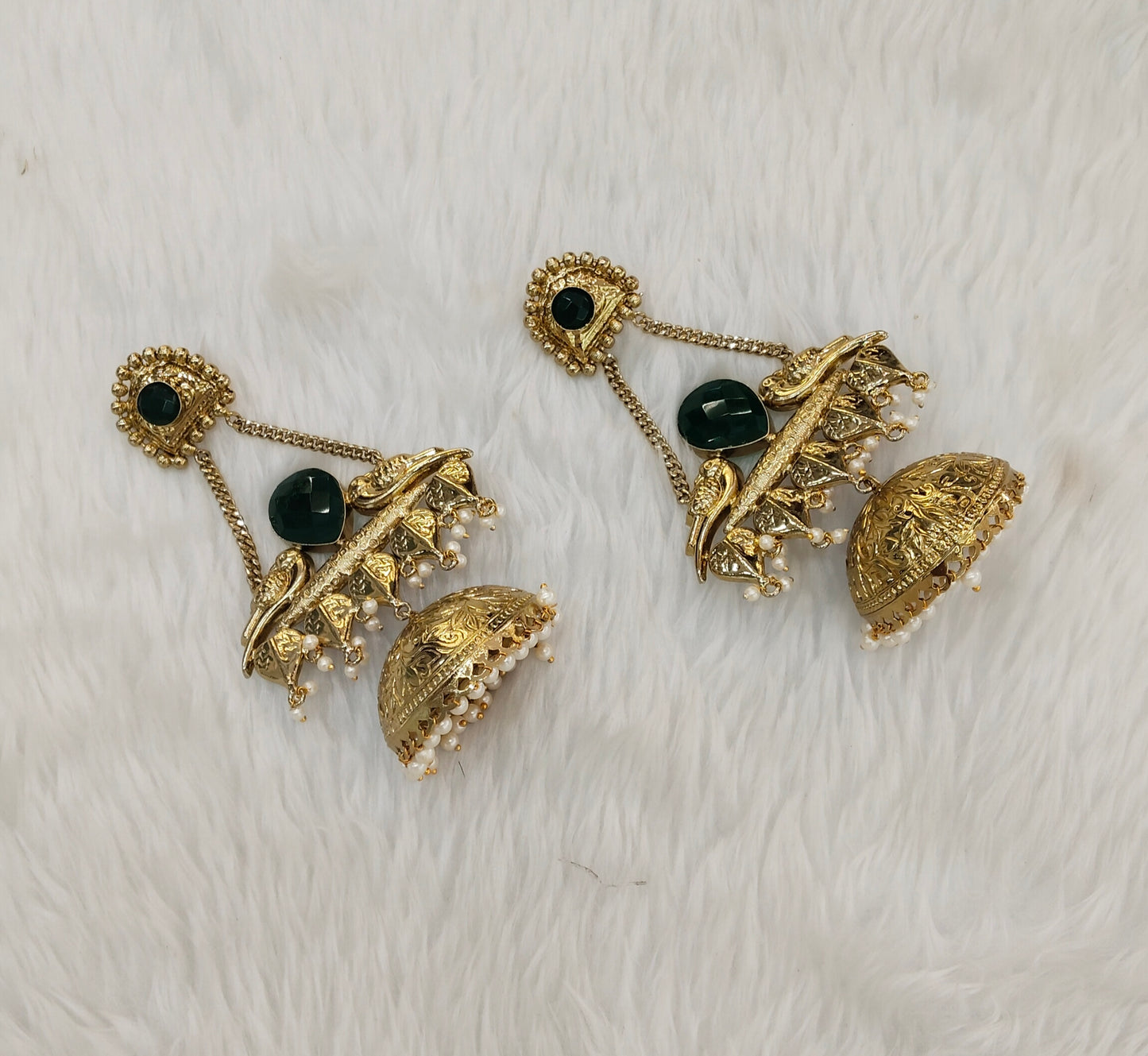 Green Antique Gold Jhumka Bollywood Keshav Earrings