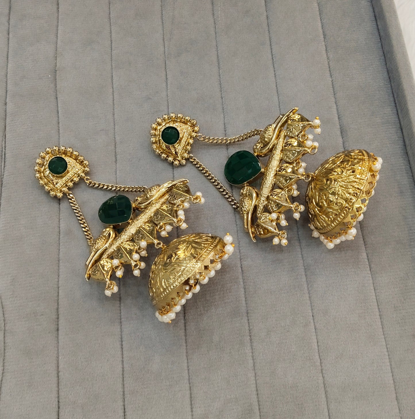Green Antique Gold Jhumka Bollywood Keshav Earrings