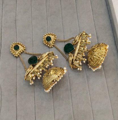Green Antique Gold Jhumka Bollywood Keshav Earrings