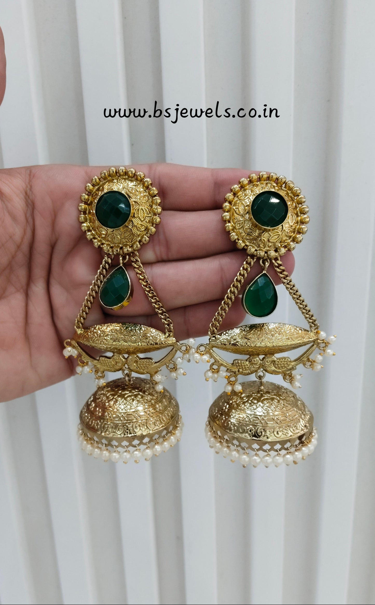 Green Antique Gold Jhumka Bollywood Keshav Earrings